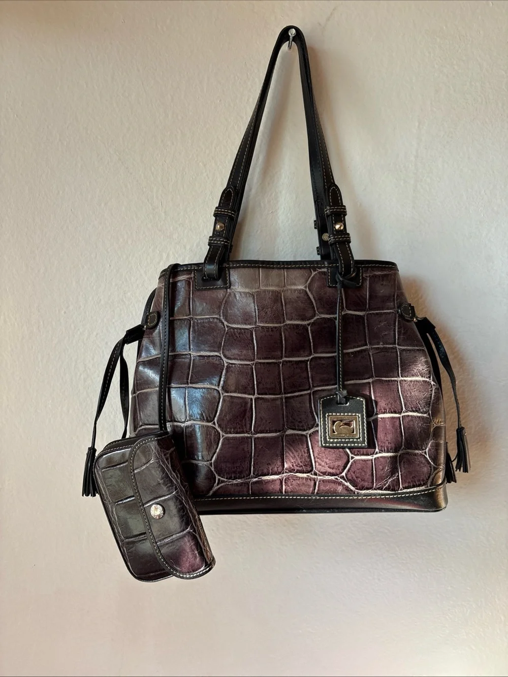 Dooney & Bourke Croc-Embossed Shoulder Tote - Deep Brown with Black Trim